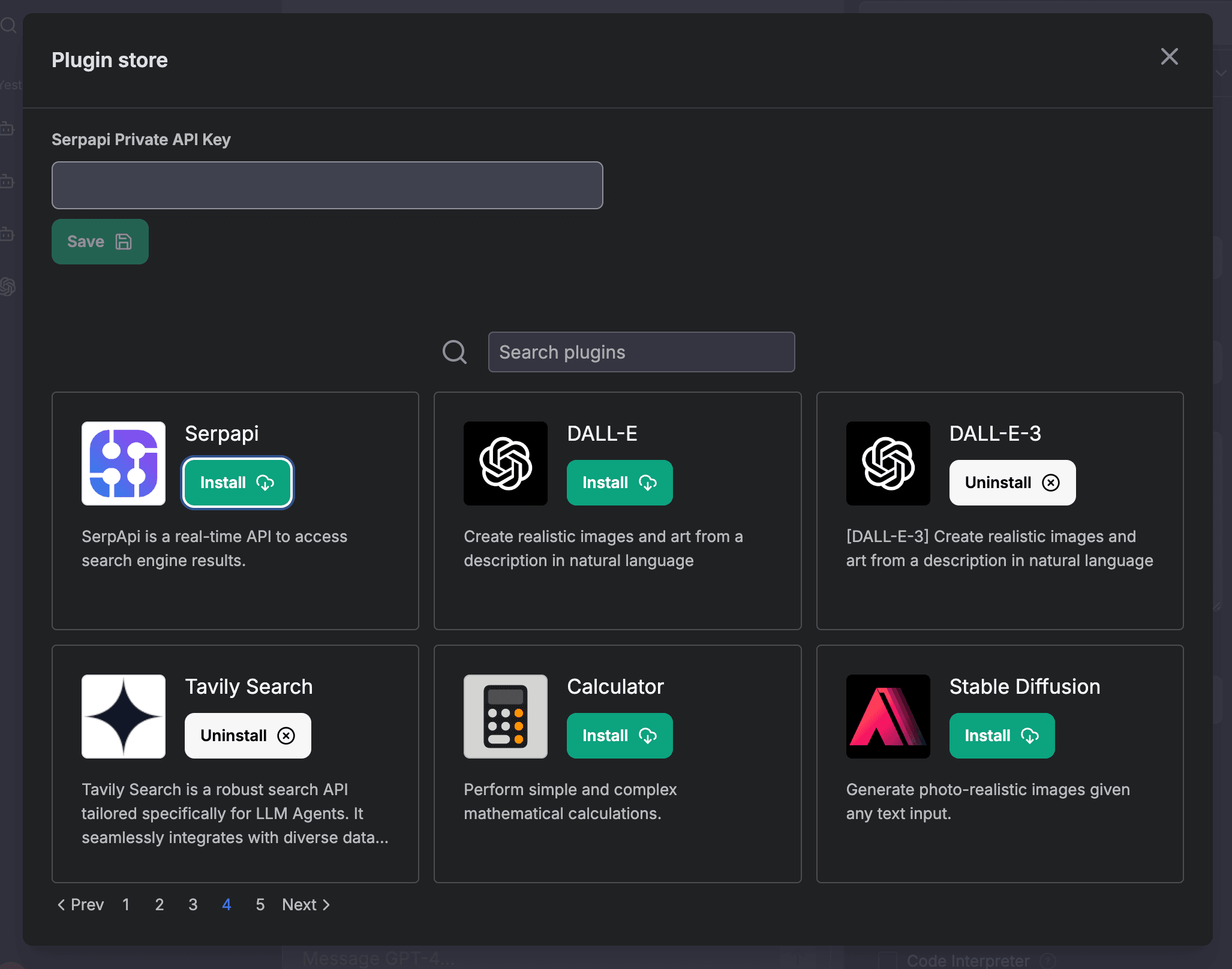 Entering the API key for a plugin from the LibreChat Plugin Store UI
