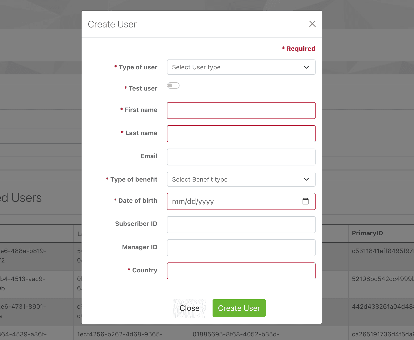 Create User Dialog Form