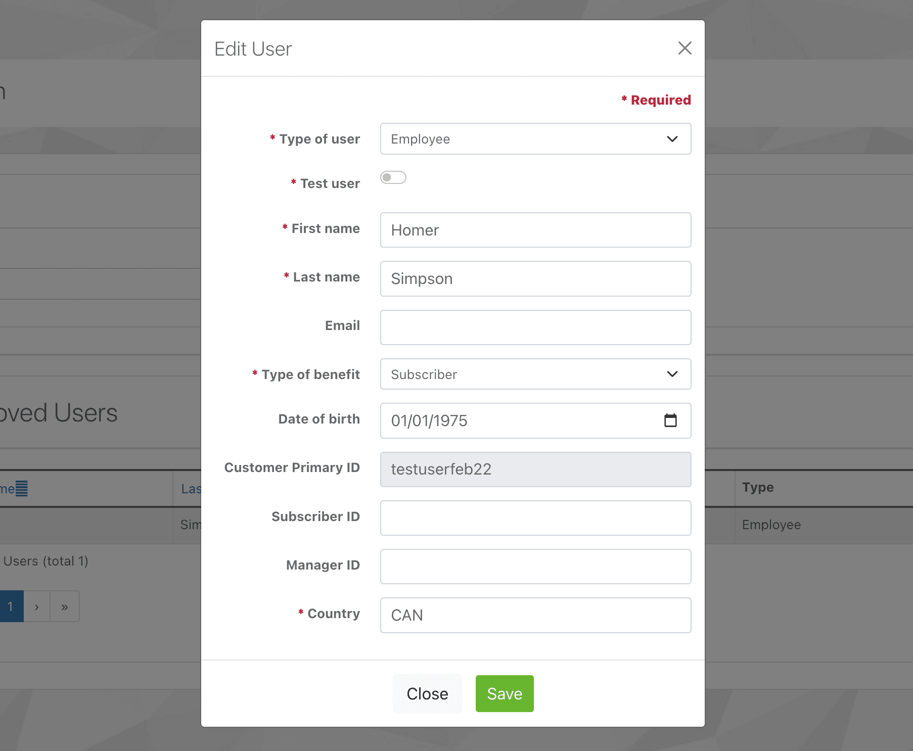 Edit User Dialog Form