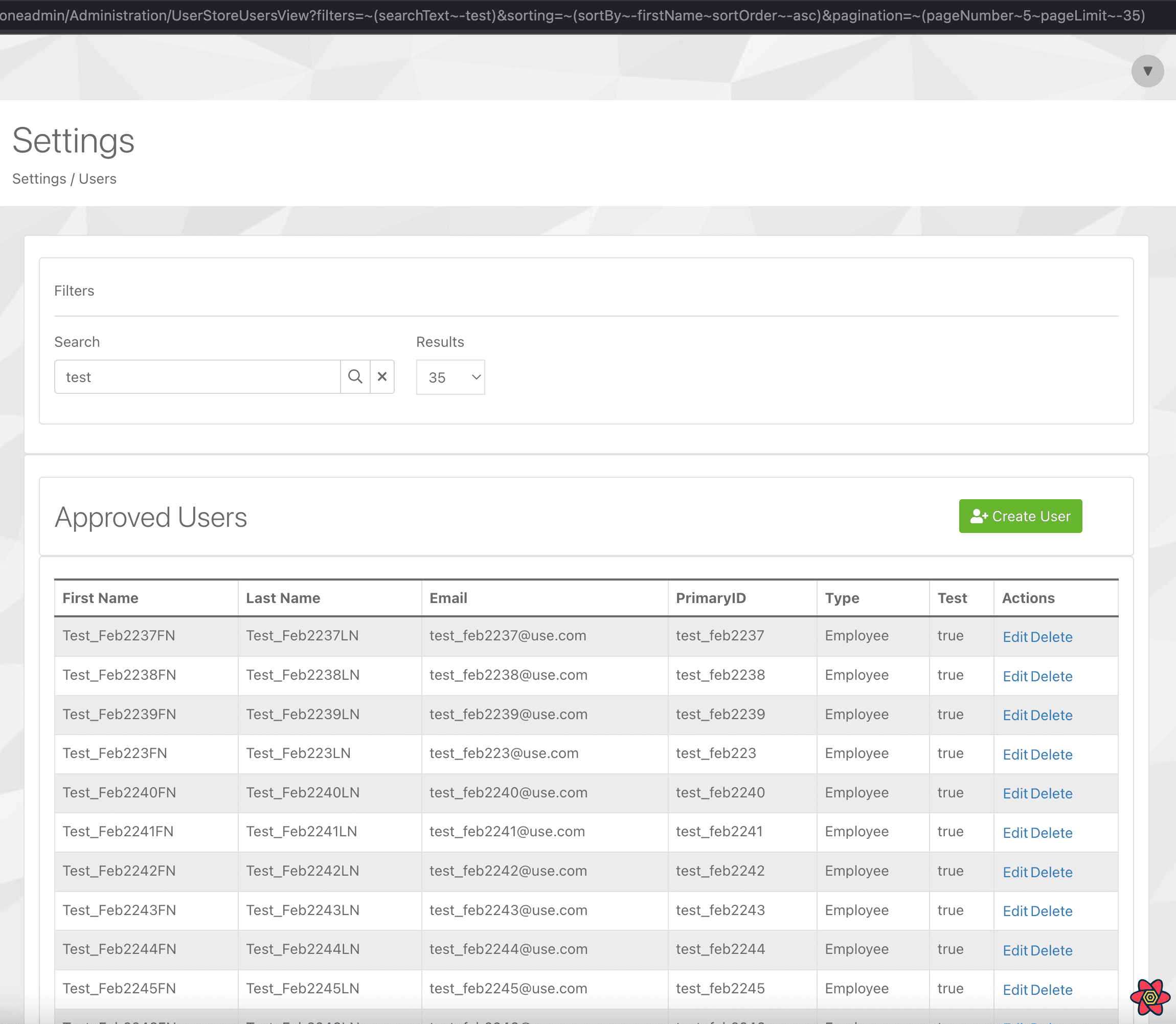 UsersView page holding search state in the URL